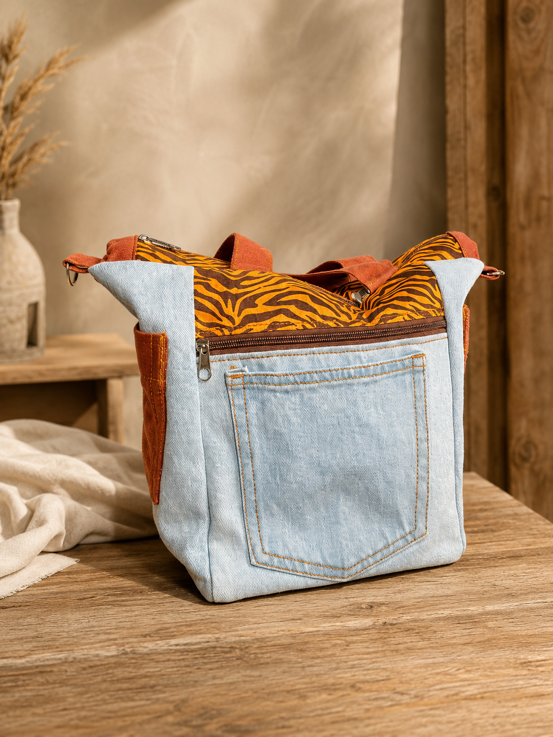 Bolsa Merliê em jeans claro com tecido estampado em animal print