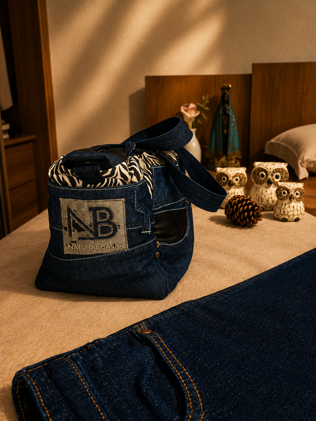 Bolsa Merliê em jeans escuro com acabamento zebrado e alça artesanal