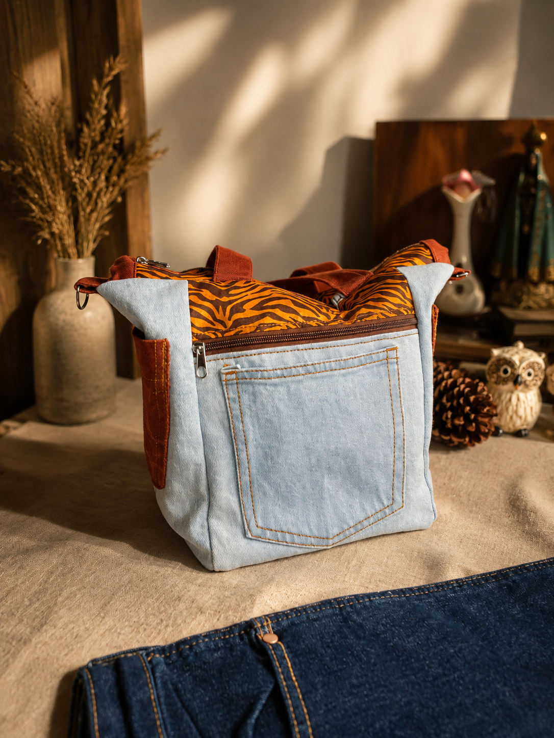 Bolsa Merliê em jeans claro com detalhe em animal print e bolso externo