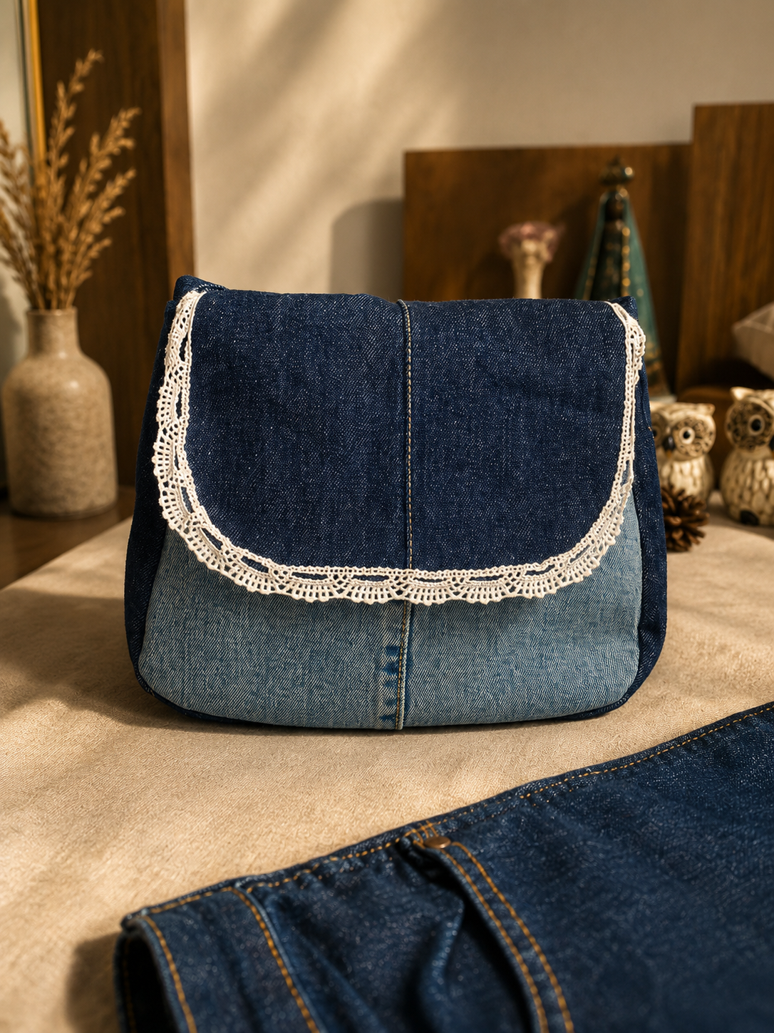 Bolsa Merliê em jeans com aba e acabamento em renda clara