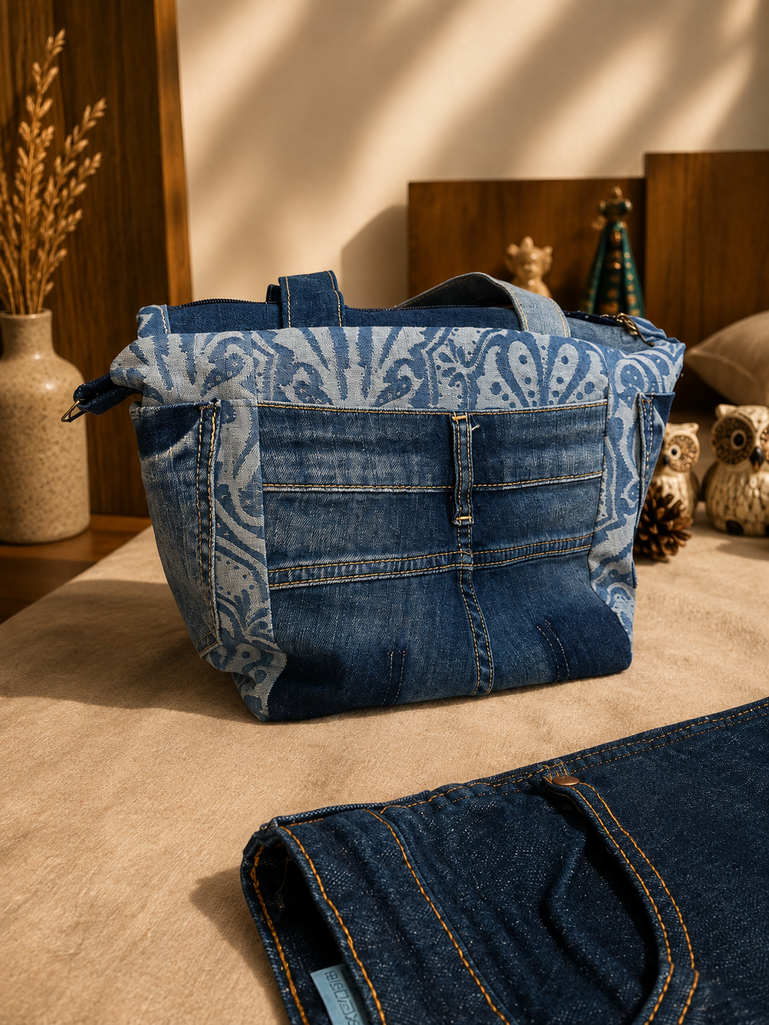 Bolsa Merliê em jeans com tecido azul estampado e bolsos reaproveitados