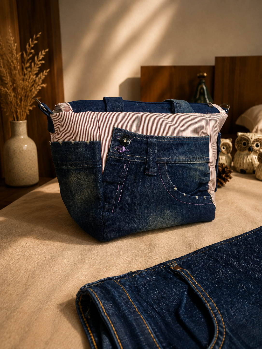 Bolsa Merliê em jeans com acabamento listrado e detalhes de botões