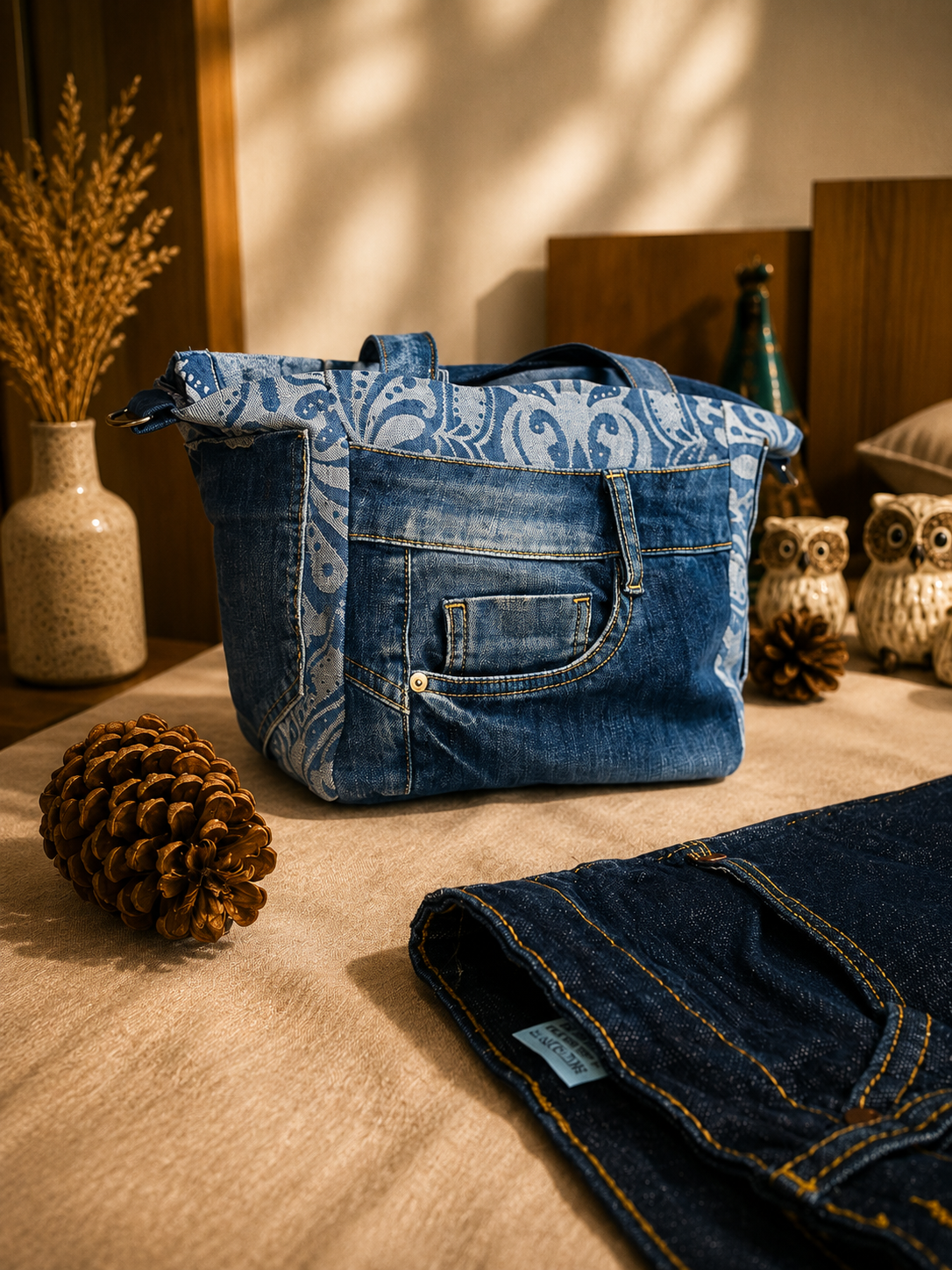 Bolsa Merliê em jeans azul com detalhes reaproveitados