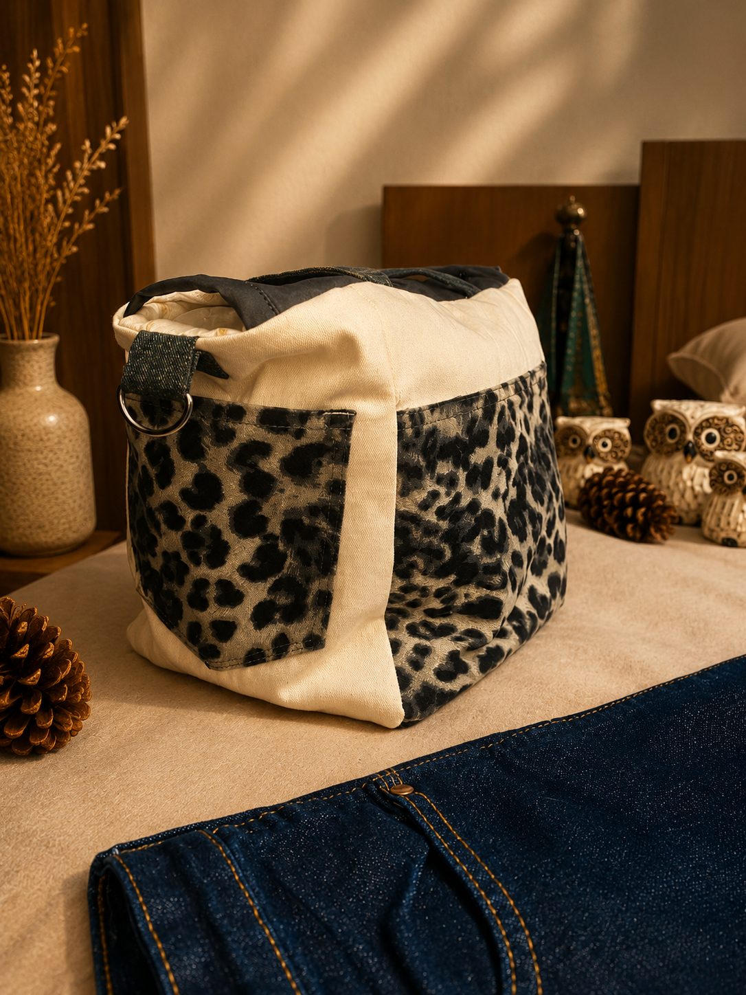 Bolsa Merliê em jeans com acabamento listrado e costuras contrastantes