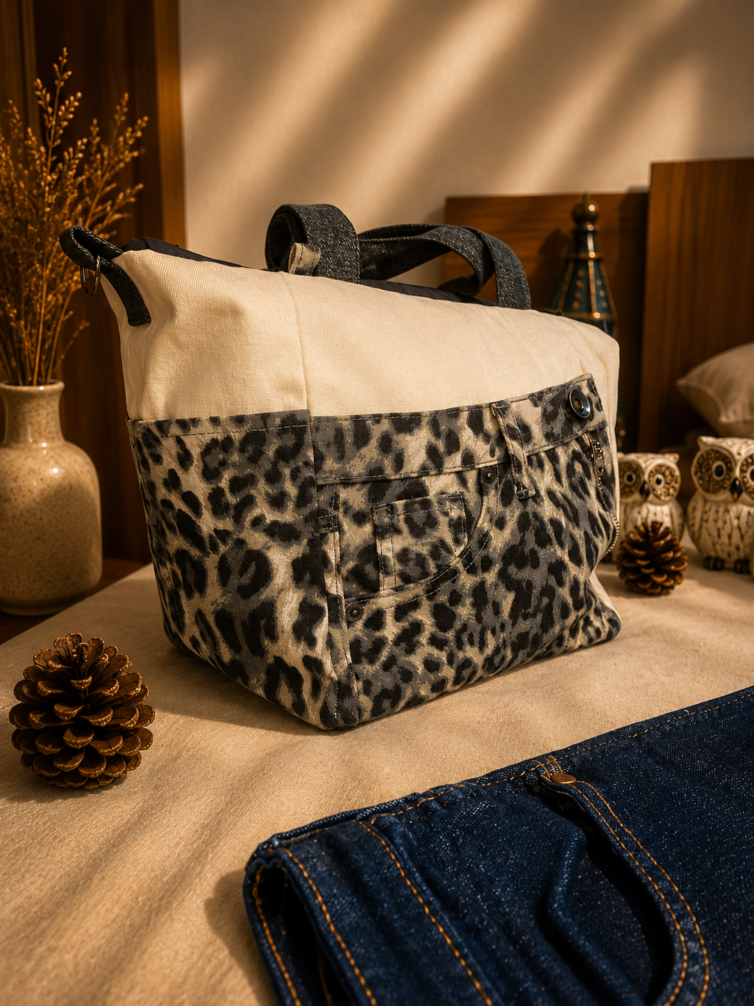 Bolsa Merliê em jeans azul com painel estampado e costuras aparentes